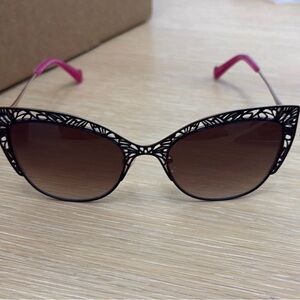 Betsey Johnson Black Lace Cat-Eye Sunglasses with Pink Accents